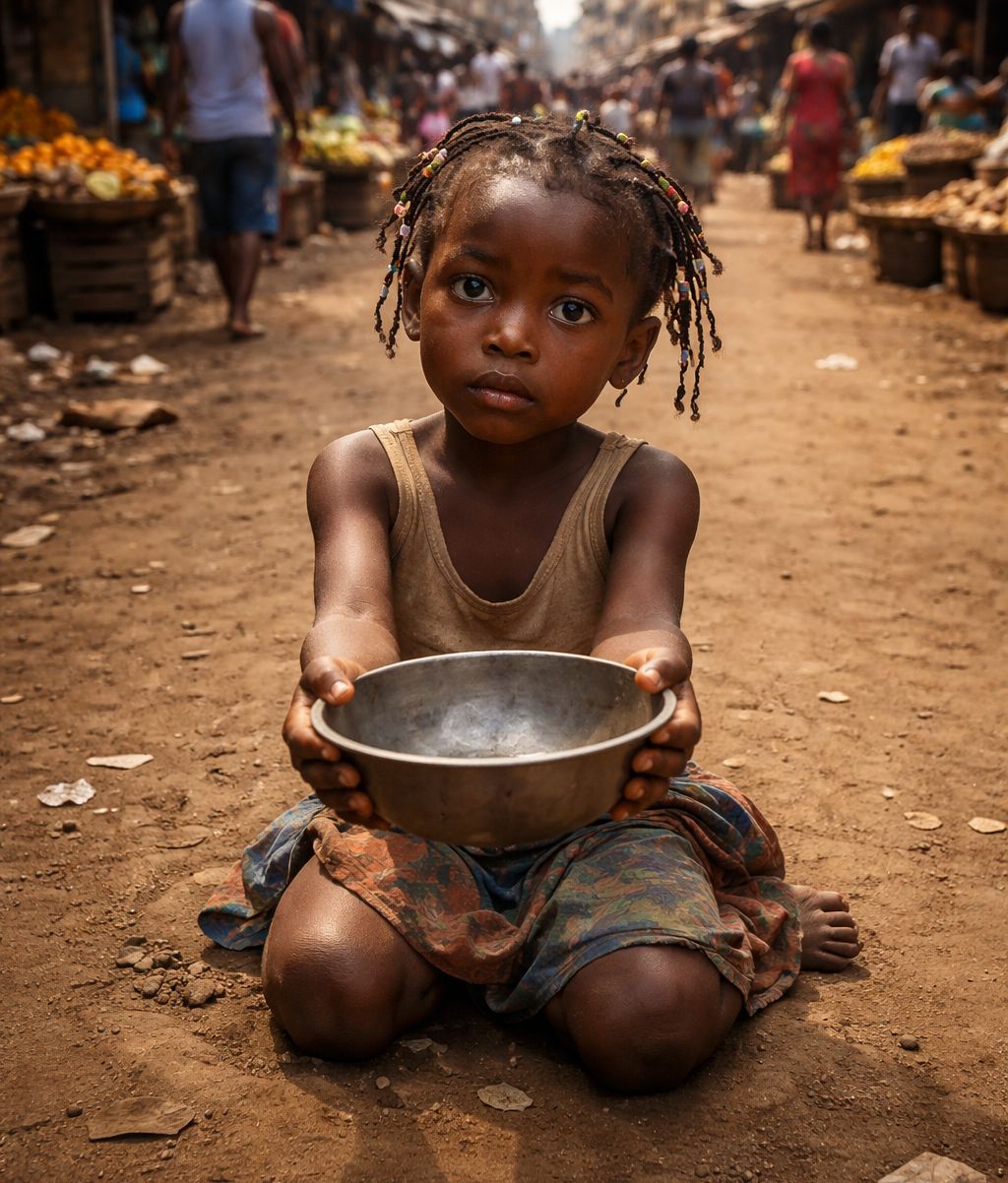 AI Depiction: A girl child holding out a stainless bown begging for alms on the street