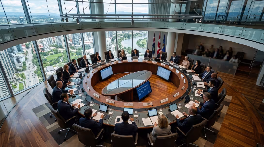 AI depiction of an aerial view of a governing board meeting in session.